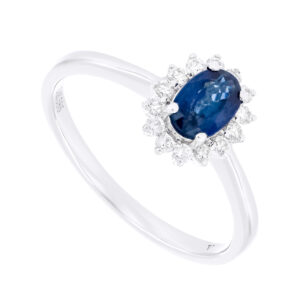 Anillo de oro blanco con zafiro y diamantes