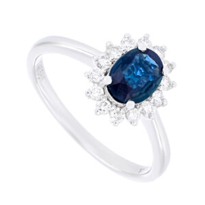 Anillo de oro blanco con zafiro y diamantes