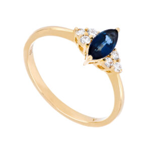 Anillo de oro amarillo de 14kts con zafiro y diamantes