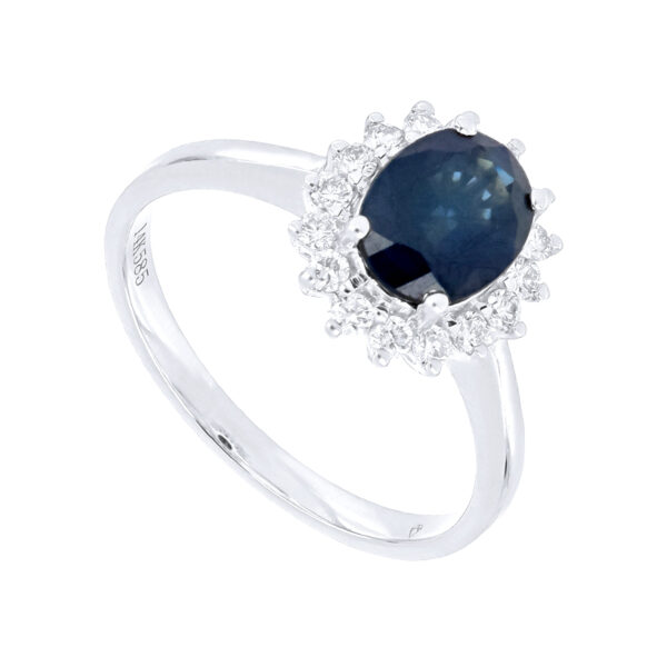 Anillo de oro blanco de 14kts con zafiro y diamantes