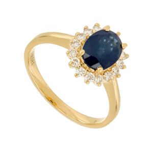 Anillo de oro amarillo de 14kts con zafiro y diamantes