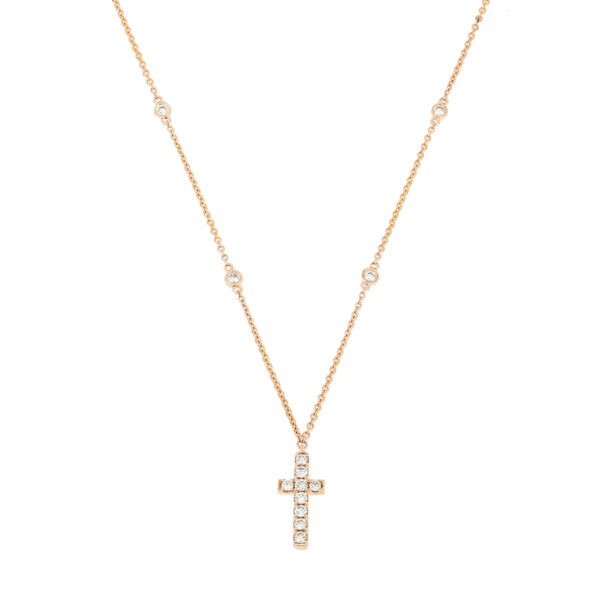 Dije de cruz de oro rosa con diamantes