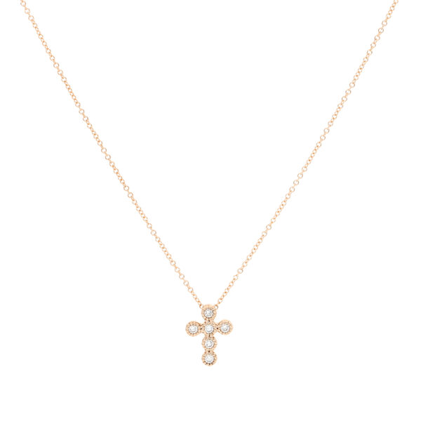 Dije cruz de oro rosa con diamantes