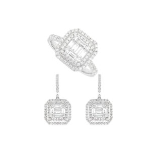 juego aretes y anillo con diamantes en oro blanco