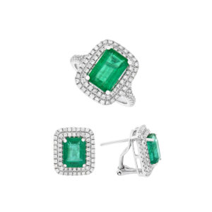 Juego anillo y aretes de oro blanco con esmeraldas y diamantes