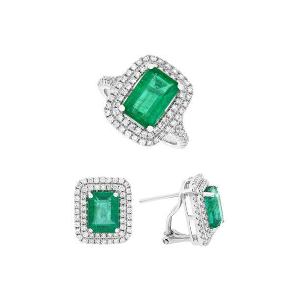 Juego anillo y aretes de oro blanco con esmeraldas y diamantes