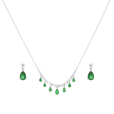 Juego gargantilla y aretes de oro blanco con esmeraldas y diamantes