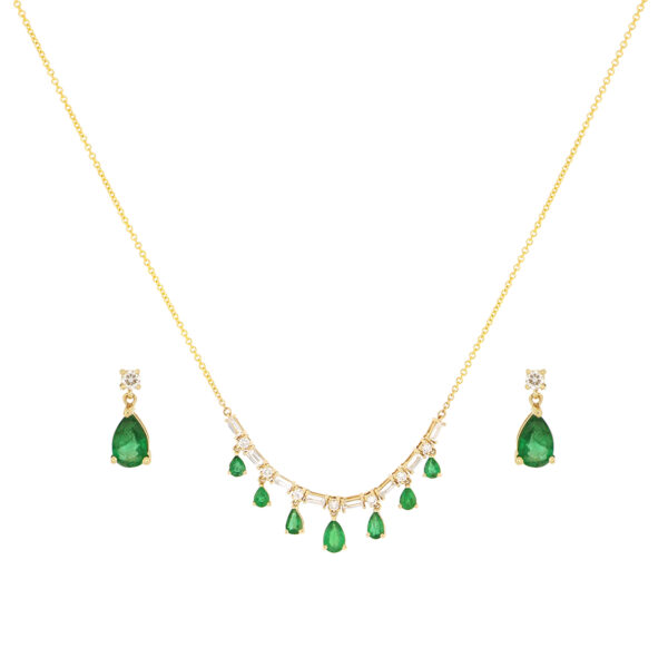 Juego gargantilla y aretes de oro con esmeraldas y diamantes