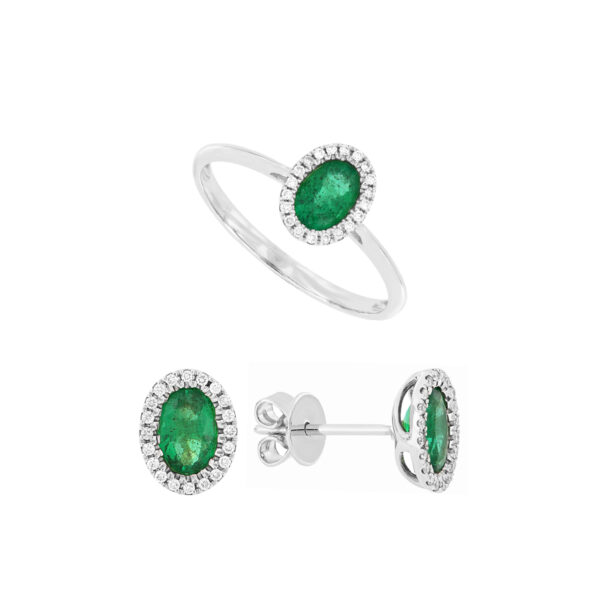 Juego anillo y broqueles de oro blanco con esmeraldas y diamantes