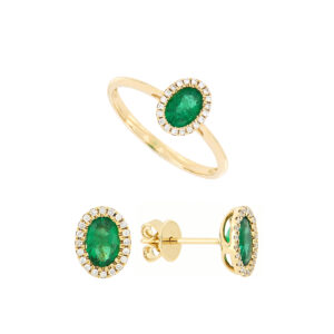 Juego anillo y broqueles de oro con esmeraldas y diamantes