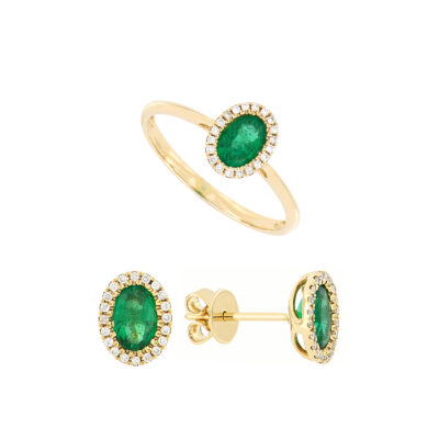 Juego anillo y broqueles de oro con esmeraldas y diamantes