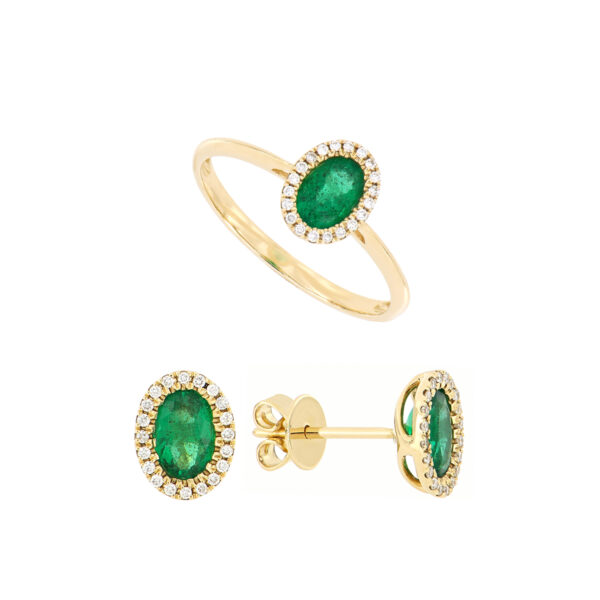 Juego anillo y broqueles de oro con esmeraldas y diamantes