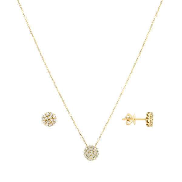 Juego de broquel con dije en oro amarillo con diamantes