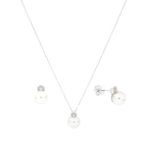 Juego de broquel con dije de perla en oro blanco