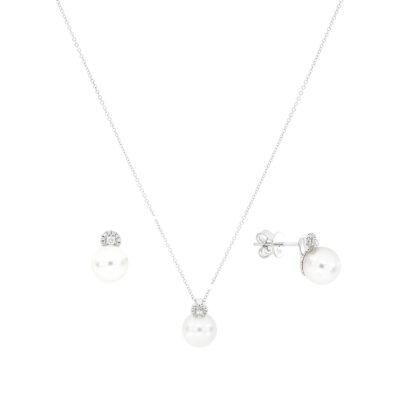 Juego de broquel con dije de perla en oro blanco