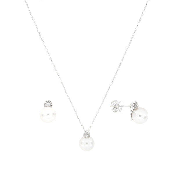 Juego de broquel con dije de perla en oro blanco
