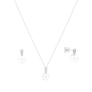 Juego de broquel con dije de perla en oro blanco