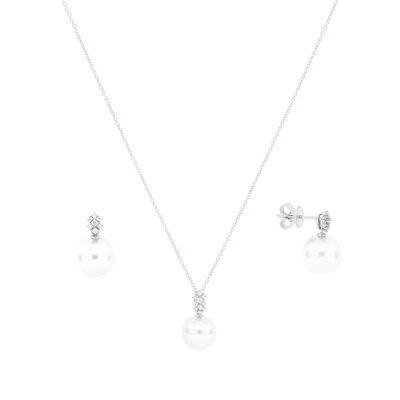 Juego de broquel con dije de perla en oro blanco