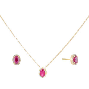 Juego dije y broqueles de oro amarillo con rubíes y diamantes