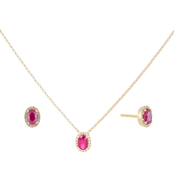 Juego dije y broqueles de oro amarillo con rubíes y diamantes