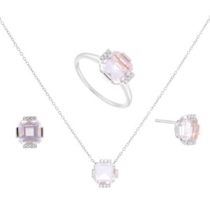 Juego dije, anillo y broqueles de oro blanco con piedras semipreciosas y diamantes