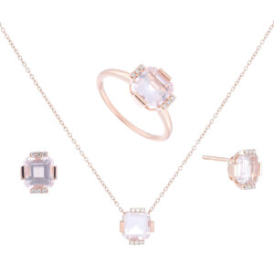 Juego dije, anillo y broqueles de oro rosa con piedras semipreciosas y diamantes