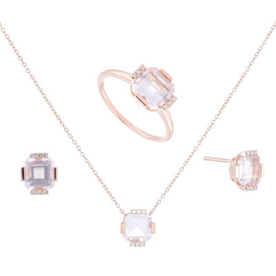 Juego dije, anillo y broqueles de oro rosa con piedras semipreciosas y diamantes