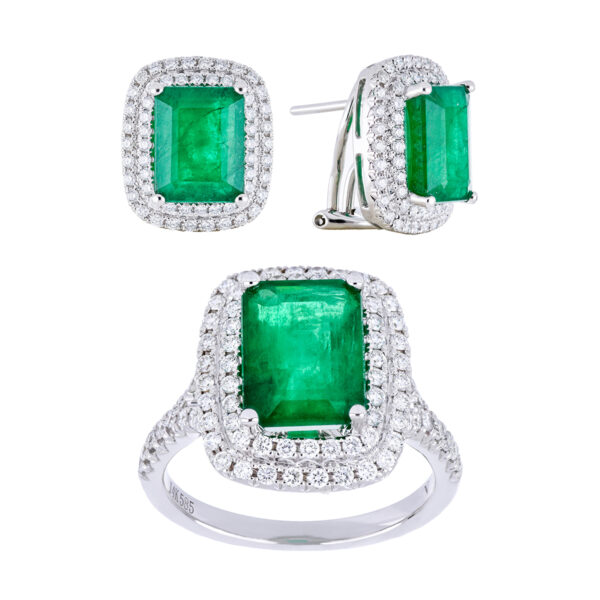 Juego de anillo y aretes de oro blanco con esmeraldas y diamantes