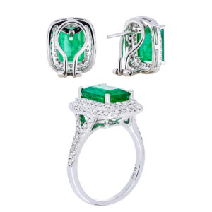 Juego de anillo y aretes de oro blanco con esmeraldas y diamantes - Imagen 2