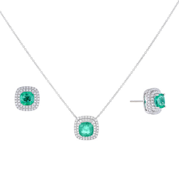 Juego dije y broqueles de oro blanco con esmeraldas y diamantes