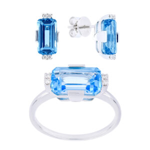 Juego de anillo y broqueles de oro blanco con topacio y diamantes