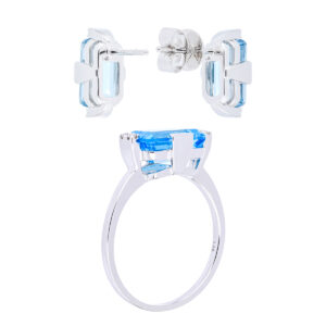 Juego de anillo y broqueles de oro blanco con topacio y diamantes - Imagen 2