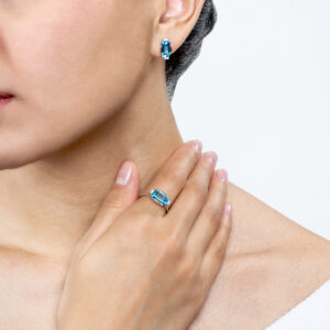 Juego de anillo y broqueles de oro blanco con topacio y diamantes - Imagen 3