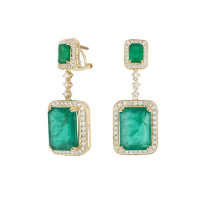 Aretes de Oro Amarillo con Esmeralda y Diamantes - Imagen 2