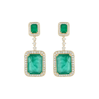 Aretes de Oro Amarillo con Esmeralda y Diamantes